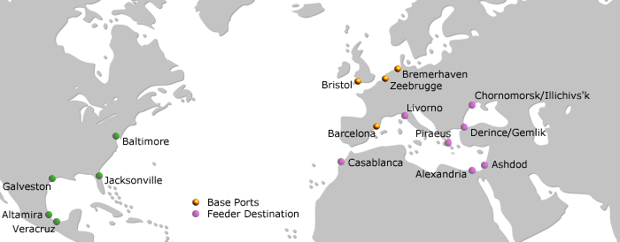 Car Carrier Europe Mediterranean - US - TAL Service Route Map